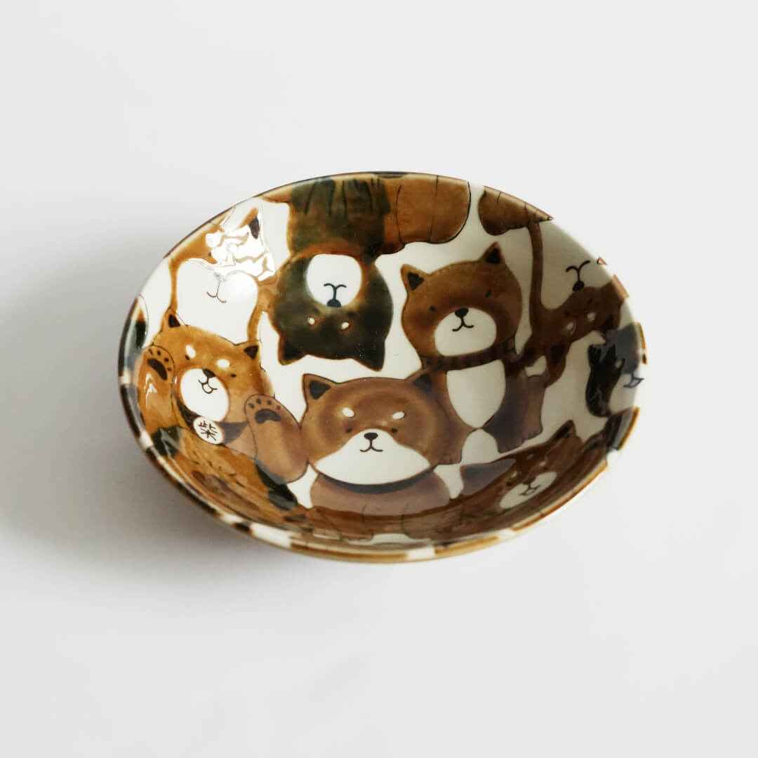 Mino Ware Japanese Shiba Dogs Ceramic Salad Bowl