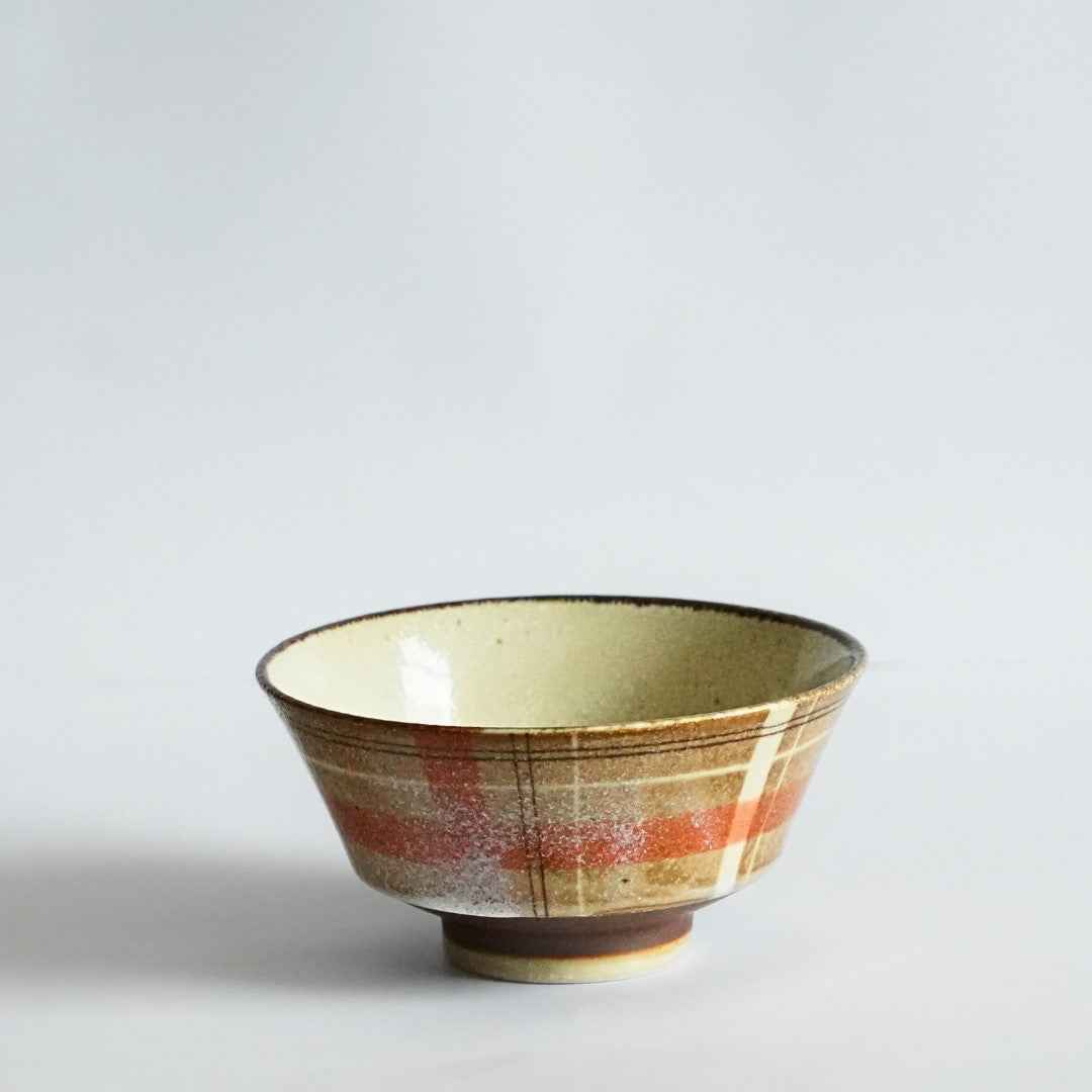 Unofu Glaze Mino Ware Checkered Pattern Rice Bowl
