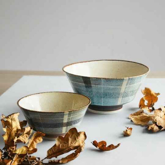 Unofu Glaze Mino Ware Checkered Pattern Rice Bowl