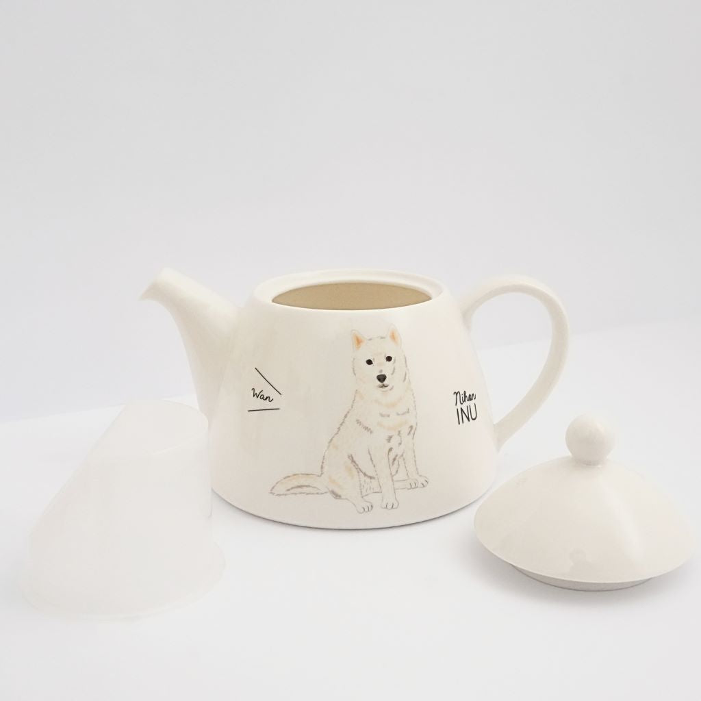 Japanese Porcelain Dog Teapot - Hokkaido Inu - full set