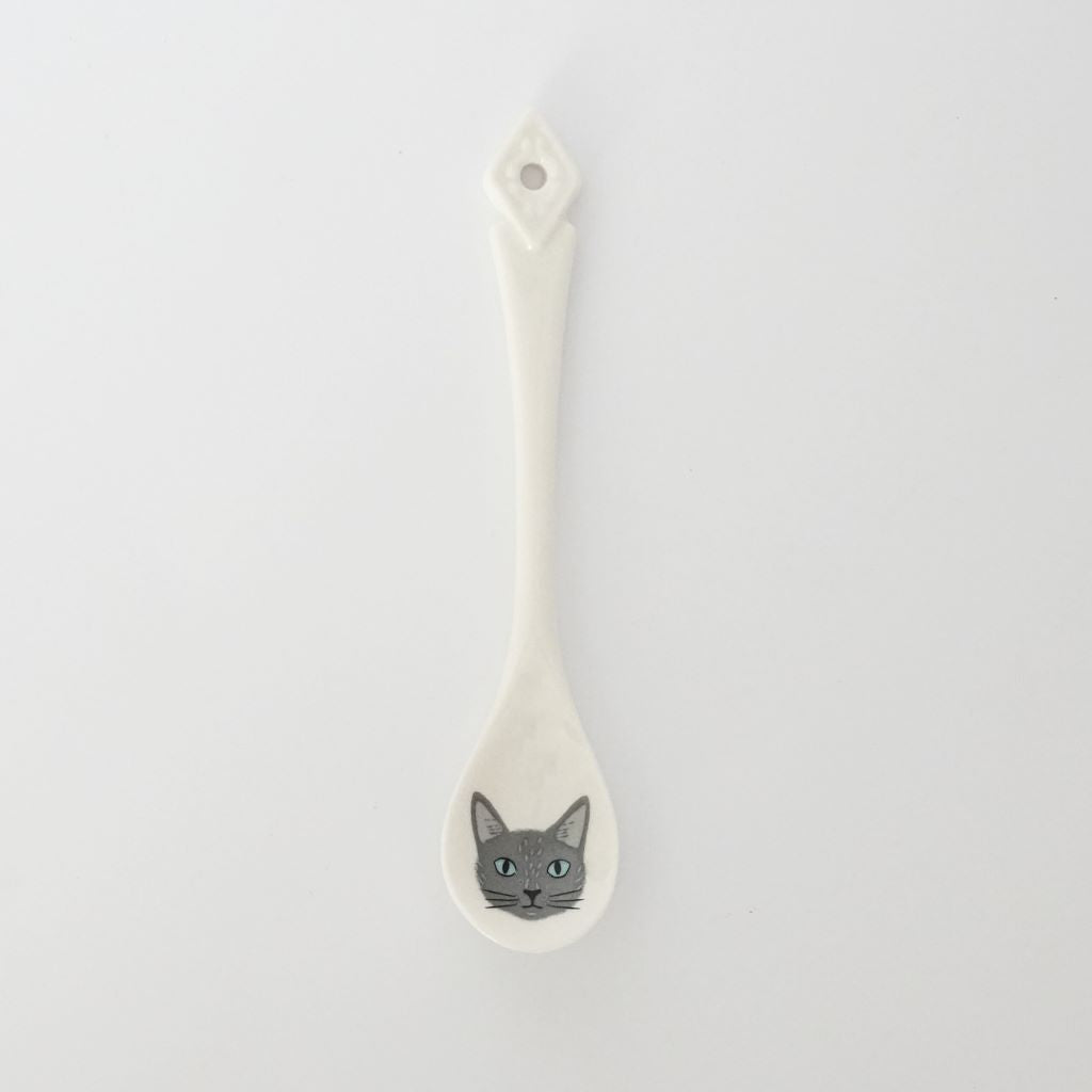 Japanese Porcelain Cat Tea Spoon - Grey