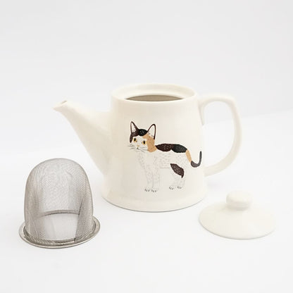 Japanese Porcelain Cat Teapot - Tricolour - full set