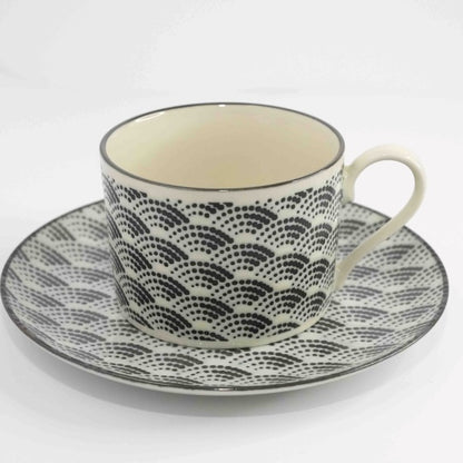 Komon Japanese Ceramic Tea Set wave pattern coffee mug with saucer