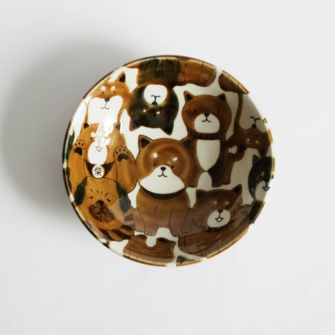 Mino Ware Japanese Shiba Dogs Brown Ceramic Salad Bowl
