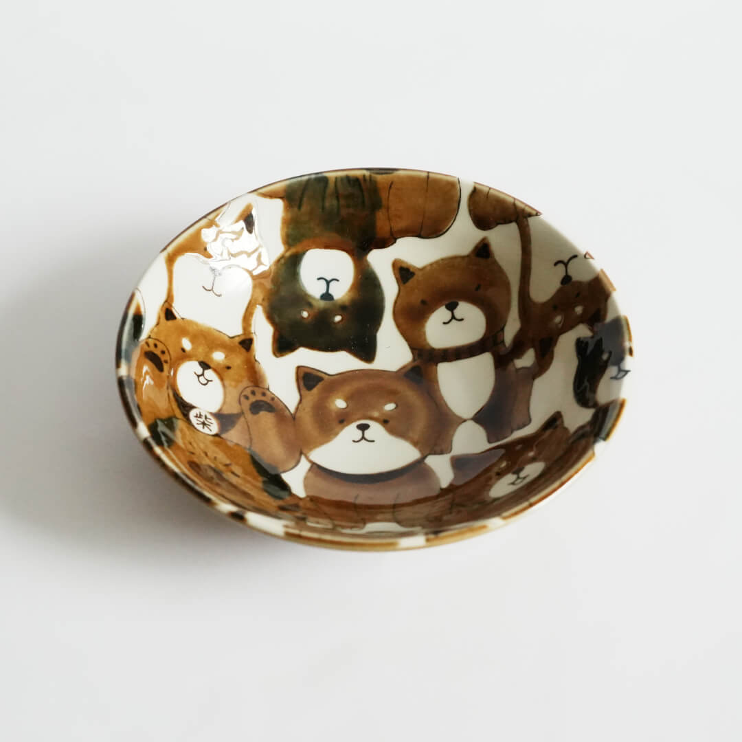 Mino Ware Japanese Shiba Dogs Brown Ceramic Salad Bowl - side