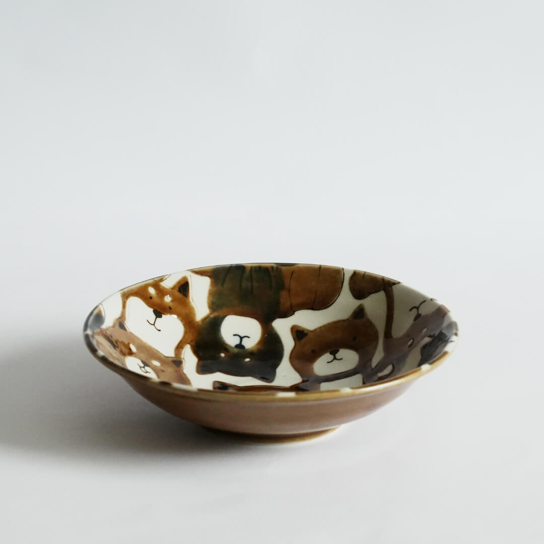 Mino Ware Japanese Shiba Dogs Brown Ceramic Salad Bowl - side 2