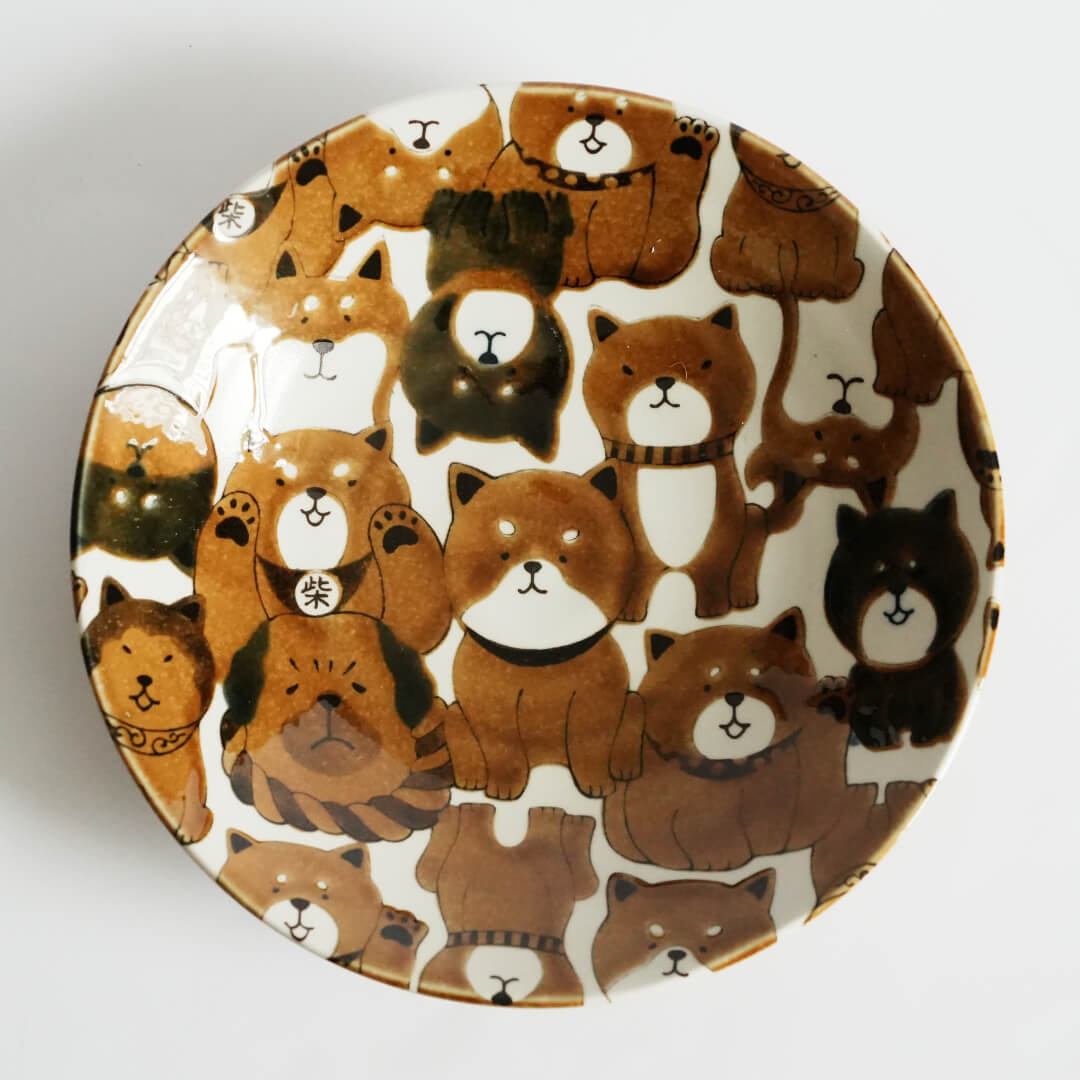 Mino Ware Japanese Shiba Dogs Ceramic Brown Dinner Plate