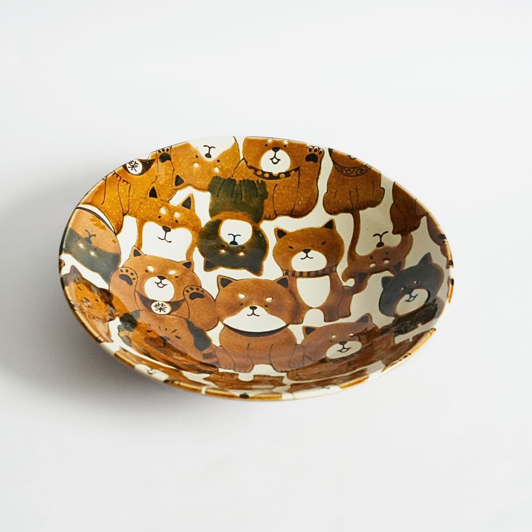 Mino Ware Japanese Shiba Dogs Ceramic Brown Dinner Plate - side