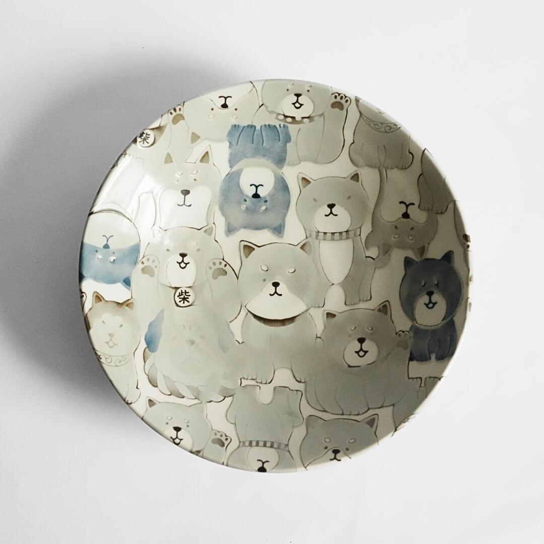 Mino Ware Japanese Shiba Dogs Ceramic Grey Dinner Plate