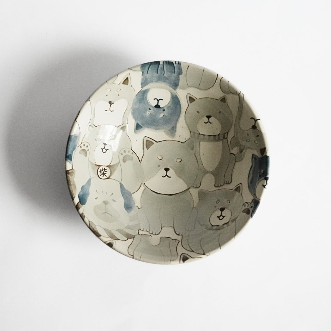 Mino Ware Japanese Shiba Dogs Grey Ceramic Salad Bowl