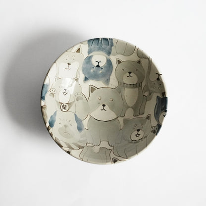 Mino Ware Japanese Shiba Dogs Grey Ceramic Salad Bowl