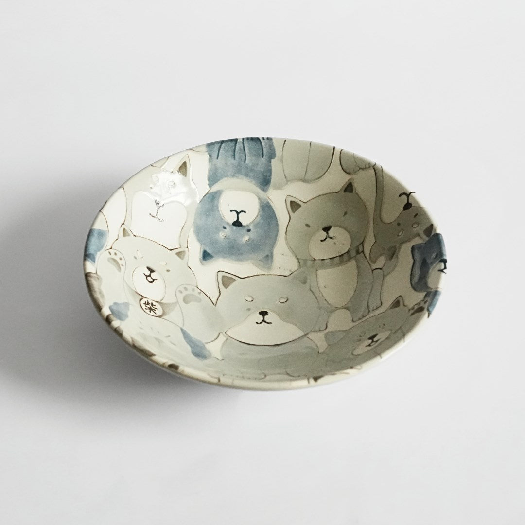 Mino Ware Japanese Shiba Dogs Grey Ceramic Salad Bowl - side