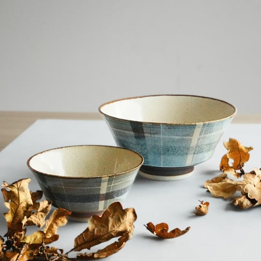 Unofu Glaze Mino Ware Checkered Pattern Donburi Bowl- Food- Blue