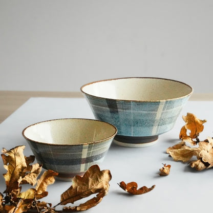 Unofu Glaze Mino Ware Checkered Pattern Donburi Bowl- Food- Blue