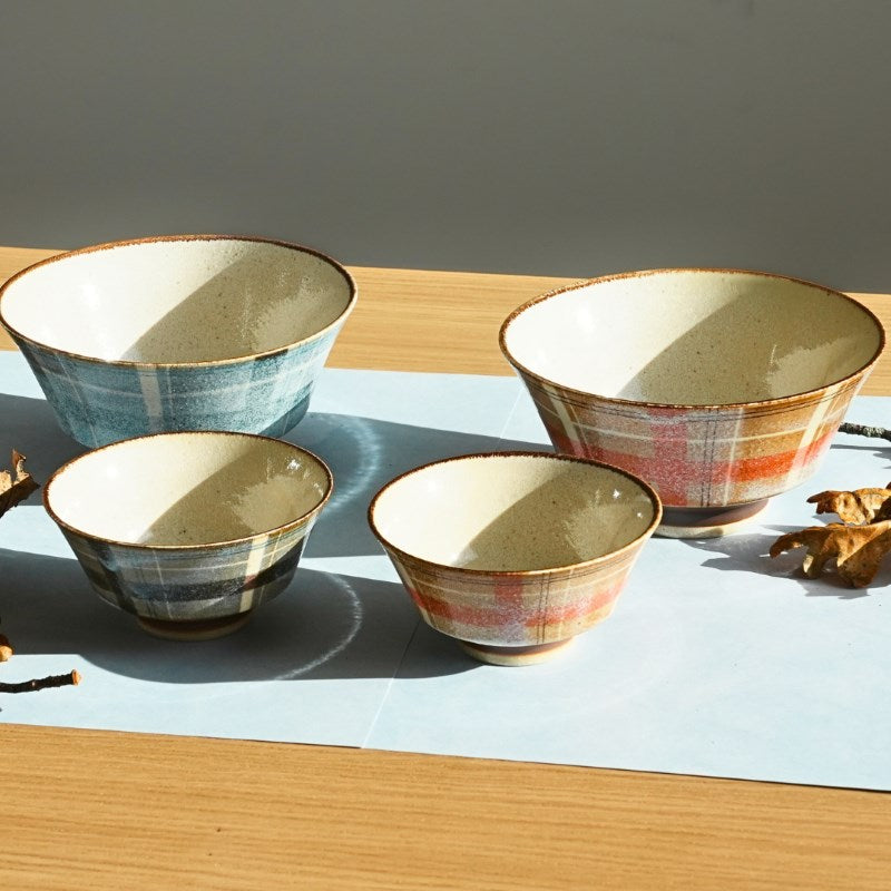 Unofu Glaze Mino Ware Checkered Pattern Rice Bowl